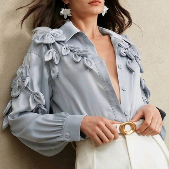 Women's Loose Khaki Handmade 3D Floral Feather Wheat Design Turndown - Picture 5 of 8